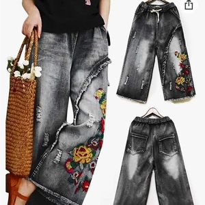 NWOT | YESNO PW2 Women Cropped Loose Floral Ripped Embroidered Wide Leg Pants